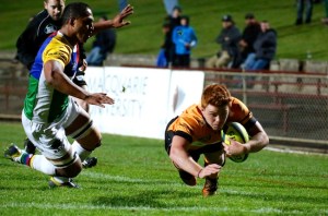 Under 20's prodigy, Andrew Kellaway, dives over for a try against the Rays