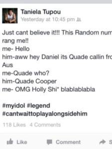 Tupou's facebook post, about his conversation with Quade