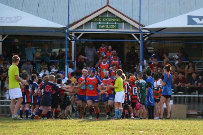 The home side, the Greater Sydney Rams running onto Merrylands RSL Rugby Park. (Peter Mitchell)