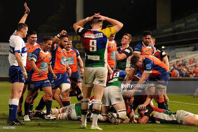 Jono Hayes scoring the match winner for the Rams off the back of a driving maul. Photo sourced from GettyImages